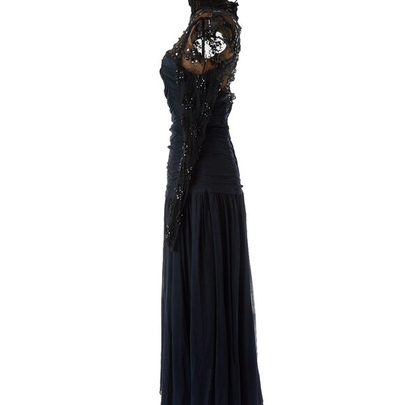 Vintage Jessica McClintock Black Lace Chiffon Dress 12 Gothic Formal Midi - Picture 5 of 9